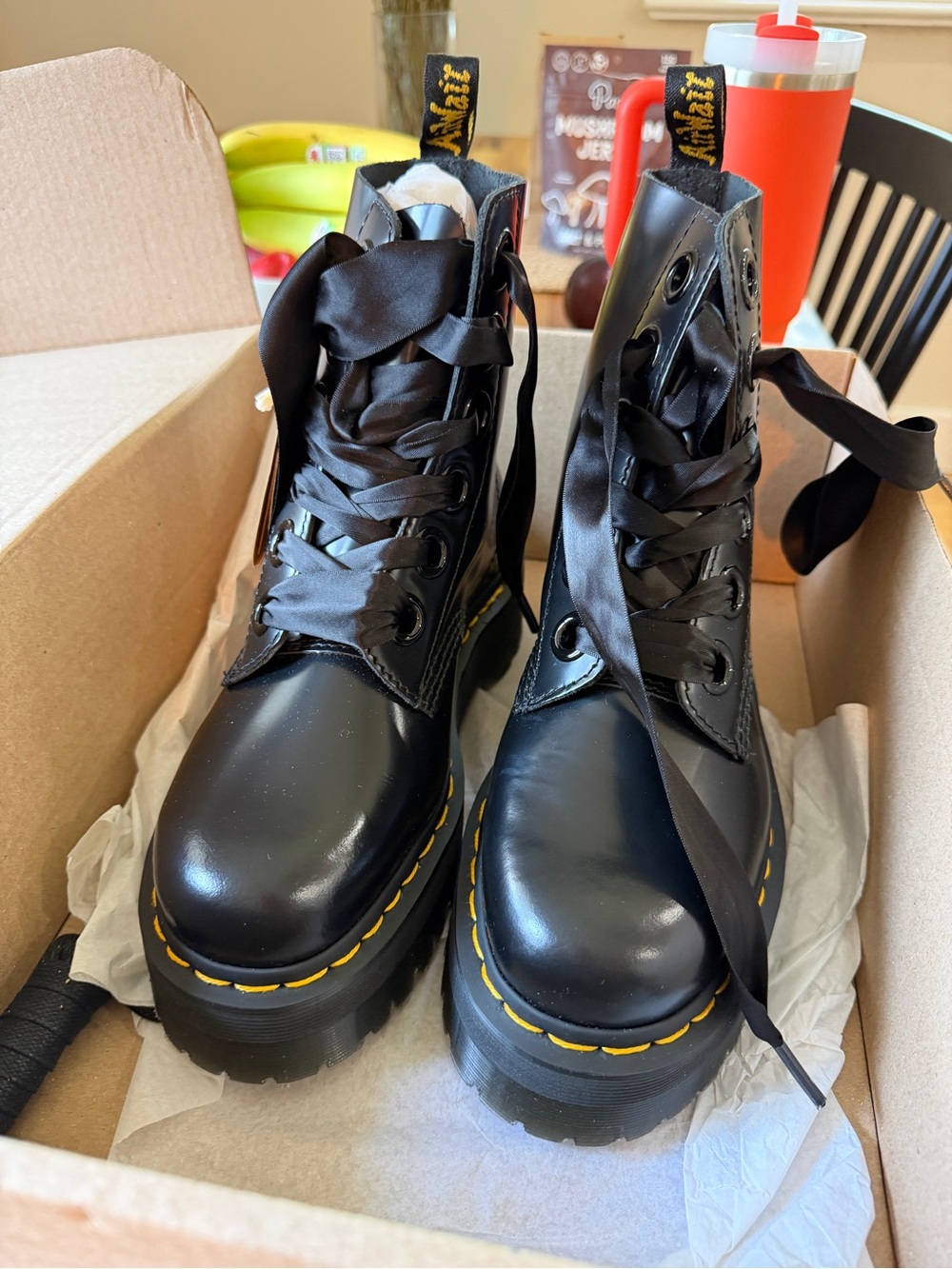 Dr. Martens Black Leather Platform Combat Boots with Yellow Stitching - Picture 1 of 7